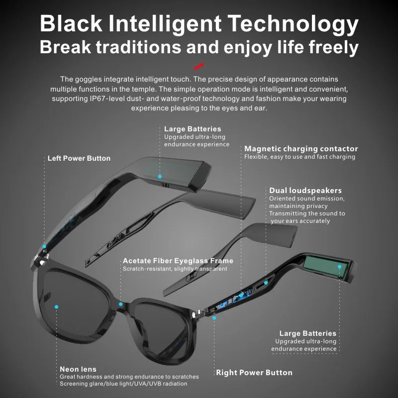 저렴한 스마트 음악 안경 독립적 인 서브 컨트롤 자기 충전 다기능 블루투스 선글라스