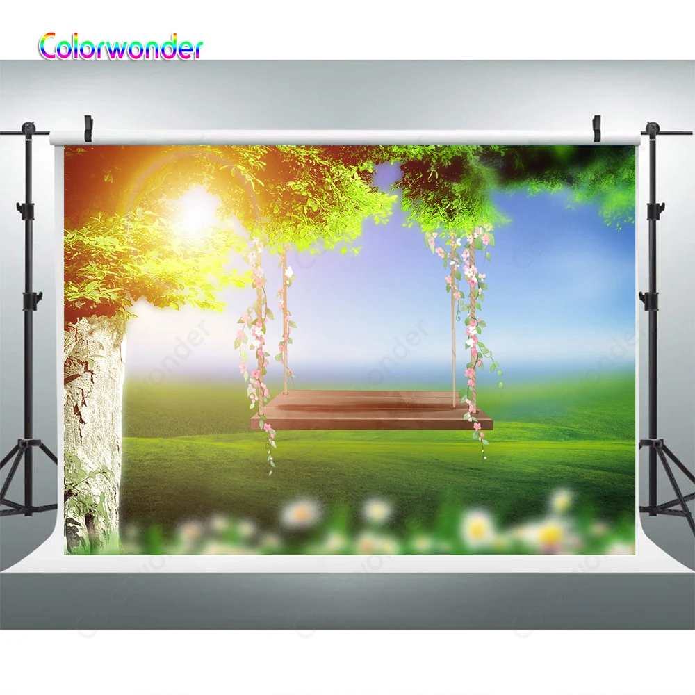 Весна сад фотография каменная стена с листьями деревянные качели розовыми