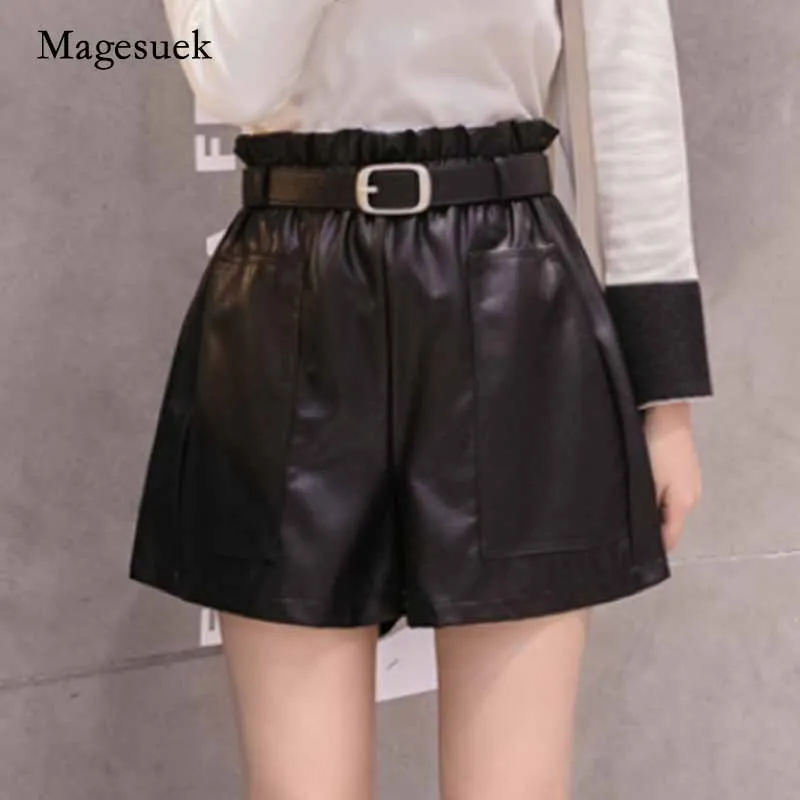 

Fashion A-line Elegant Leather Shorts Girls Bottoms Wide-legged Shorts 2020 Autumn Winter Women High Waist Solid Shorts 6312 50