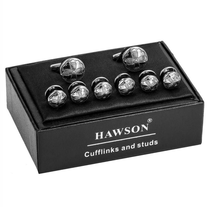 

HAWSON Round Cufflinks Tuxedo Studs Set Simple Men's French Shirt Cuff Engraved Flower Pattern with HAWSON LOGO Packed in Box