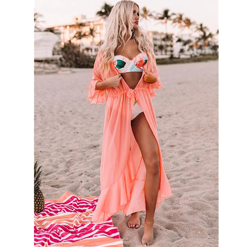 

2021 Sexy See Through Bikini Cover-ups Pink Chiffon Tunic Long Kimono Women Summer Wrap Dress Beach Wear Swimsuit Cover Up