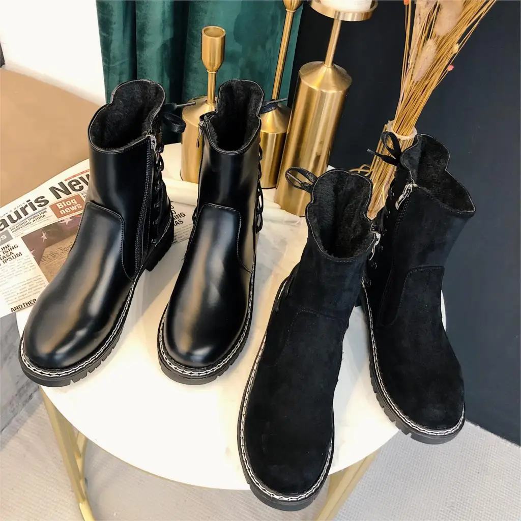 Модные ботинки со шнуровкой сзади Femme Новинка 2019 года Зимние Замшевые Кожаные