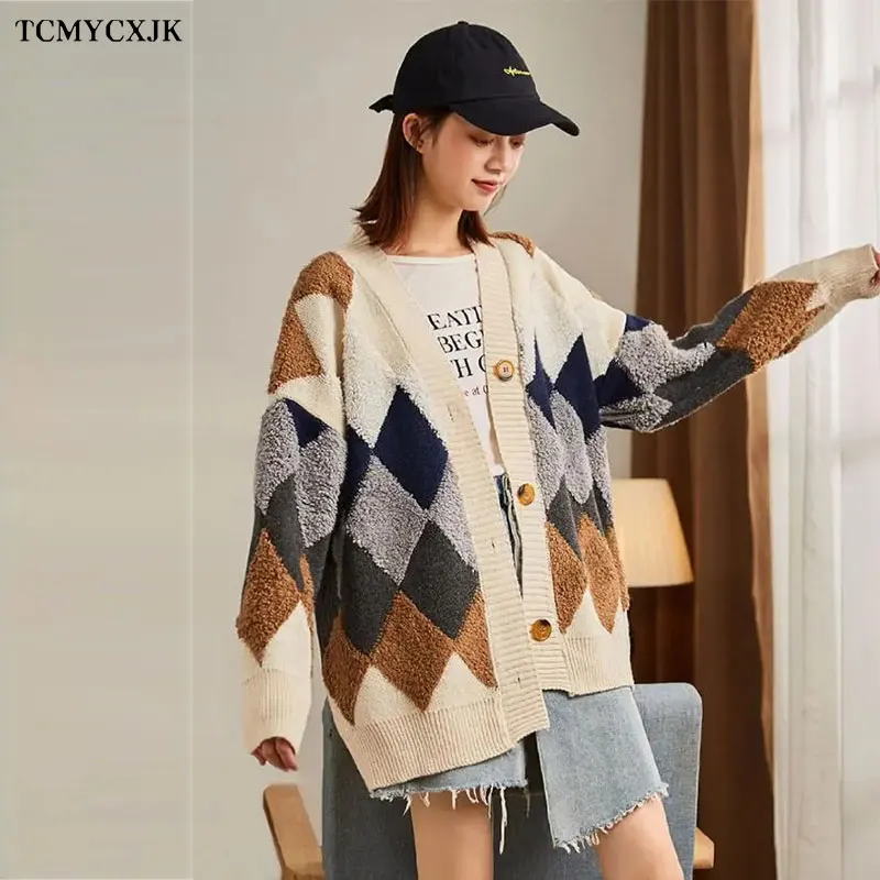 

2021 Autumn Winter Knitted Womens Coat Color Patchwork Chic Casual V-neck Plaid Knitted Cardigan Single-Breasted Loose Sweater