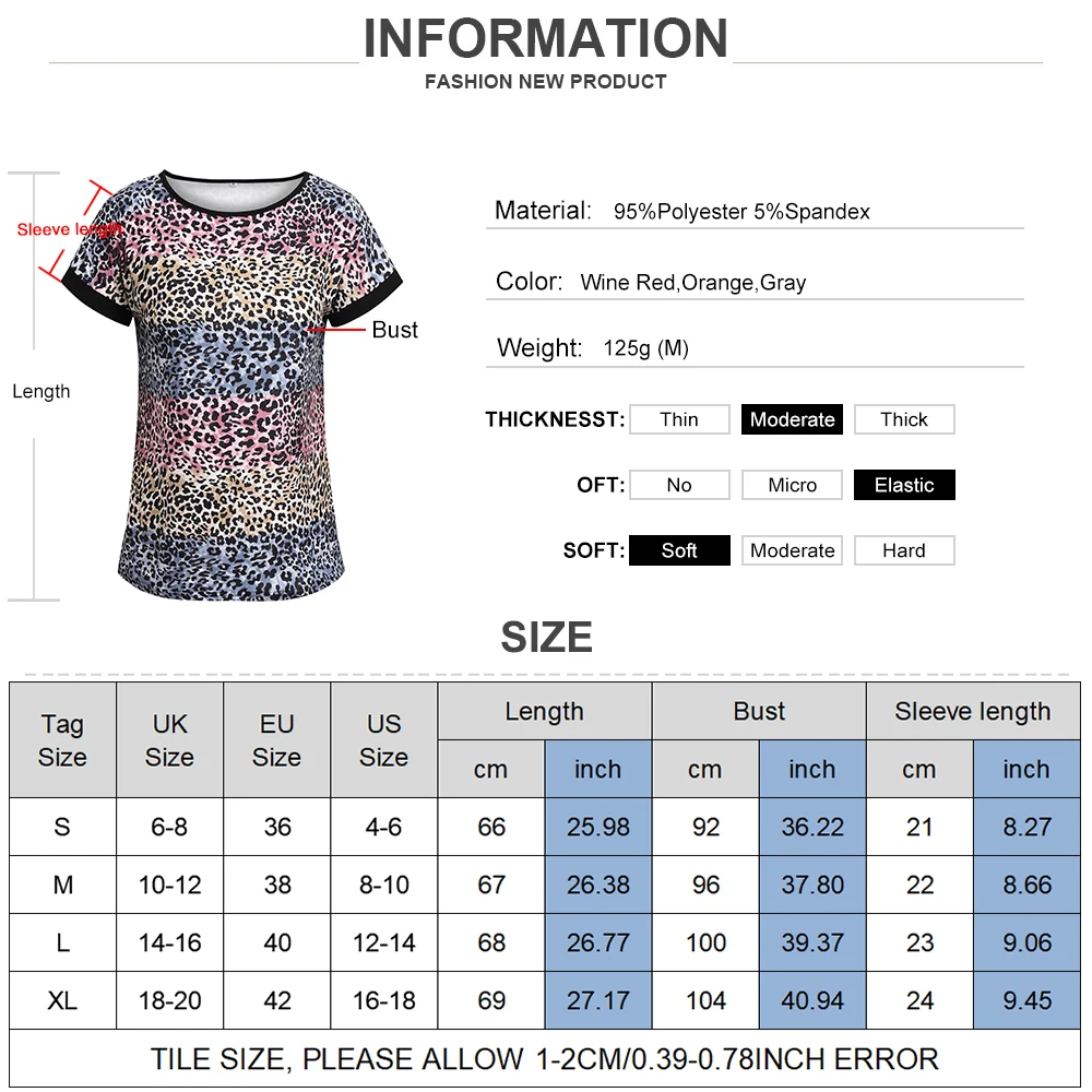 

Summer Fashion Women's Leopard Print T-shirts Short Sleeved Round Neck Basic Style Tee Tops Breathable Street Casual Tees D30
