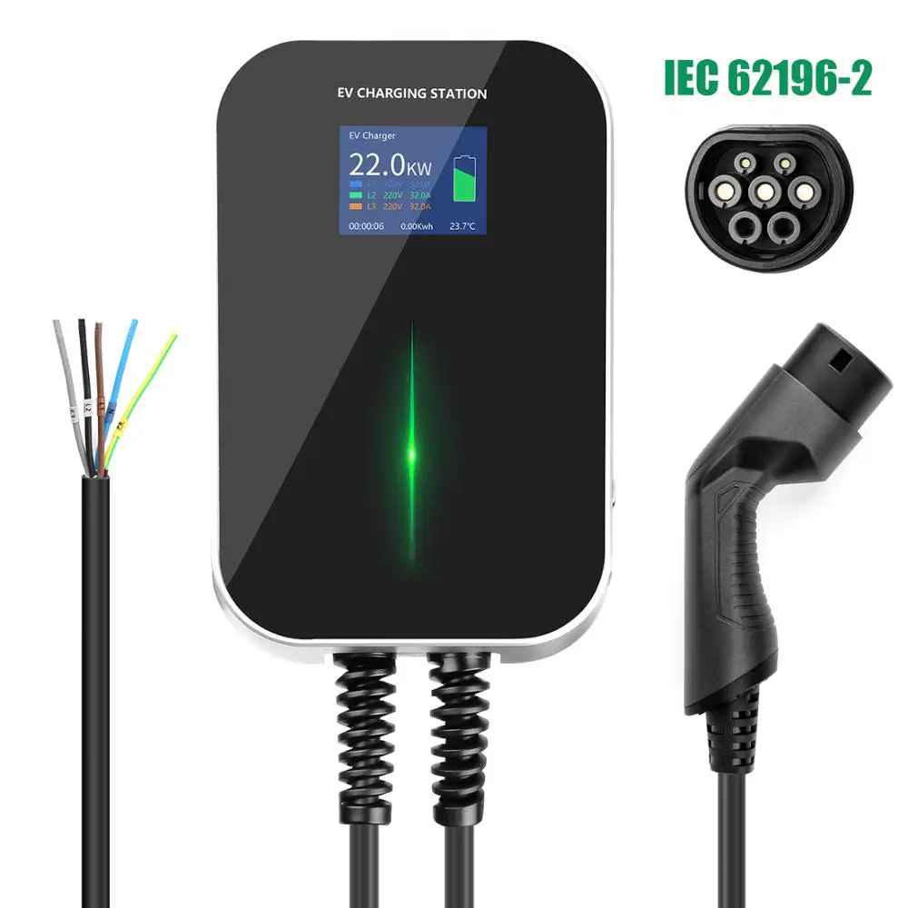 EV зарядное устройство 32A 3-фазная EVSE Wallbox зарядная станция с кабелем типа 2 IEC 62196-2 22