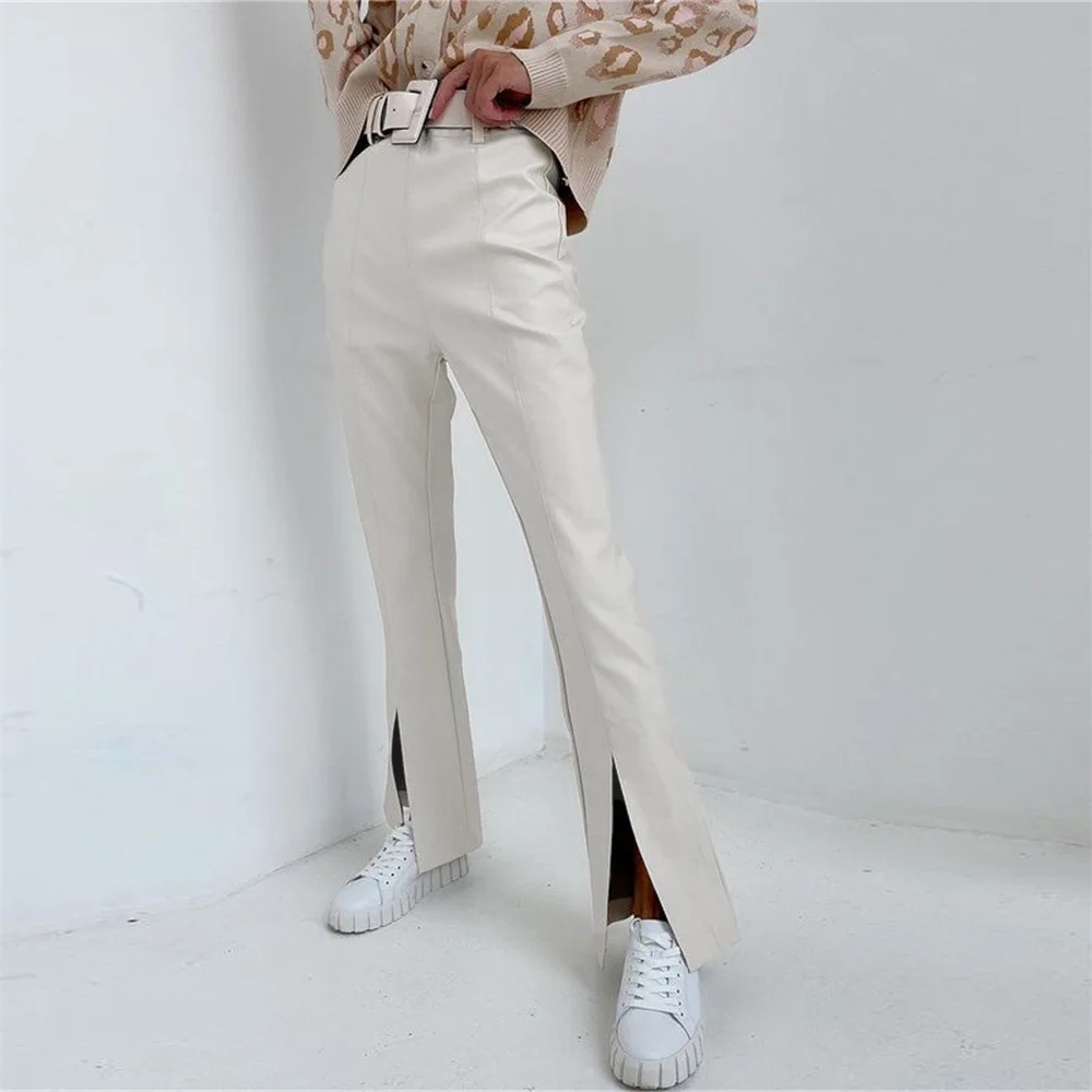 

Autumn Flared Slit Trousers Women Sexy Bodycon Booty Wrap High Waist Pu Leather Ladies Party Clubwear White Pants 2021