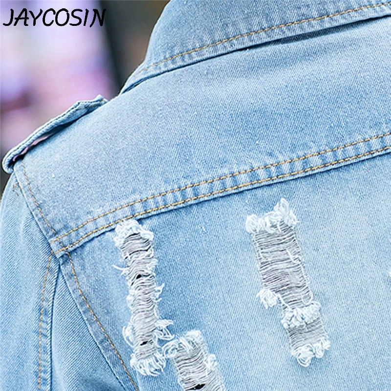 Женская джинсовая куртка JAYCOSIN Повседневная Длинная потертая с карманами базовая