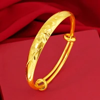 carved flower bangle 18k gold simple womens bracelet adjustable