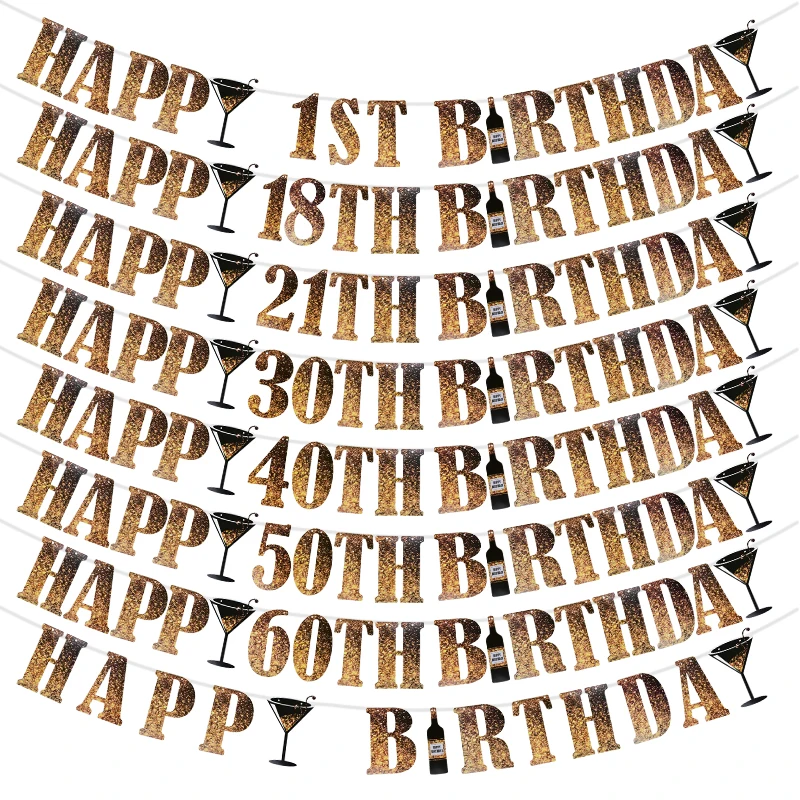 

Black Gold Happy Birthday Banner 1st 18 21 30 40 50 60th Birthday Anniversary Party Decoration Backdrop Paper Bunting Garlands