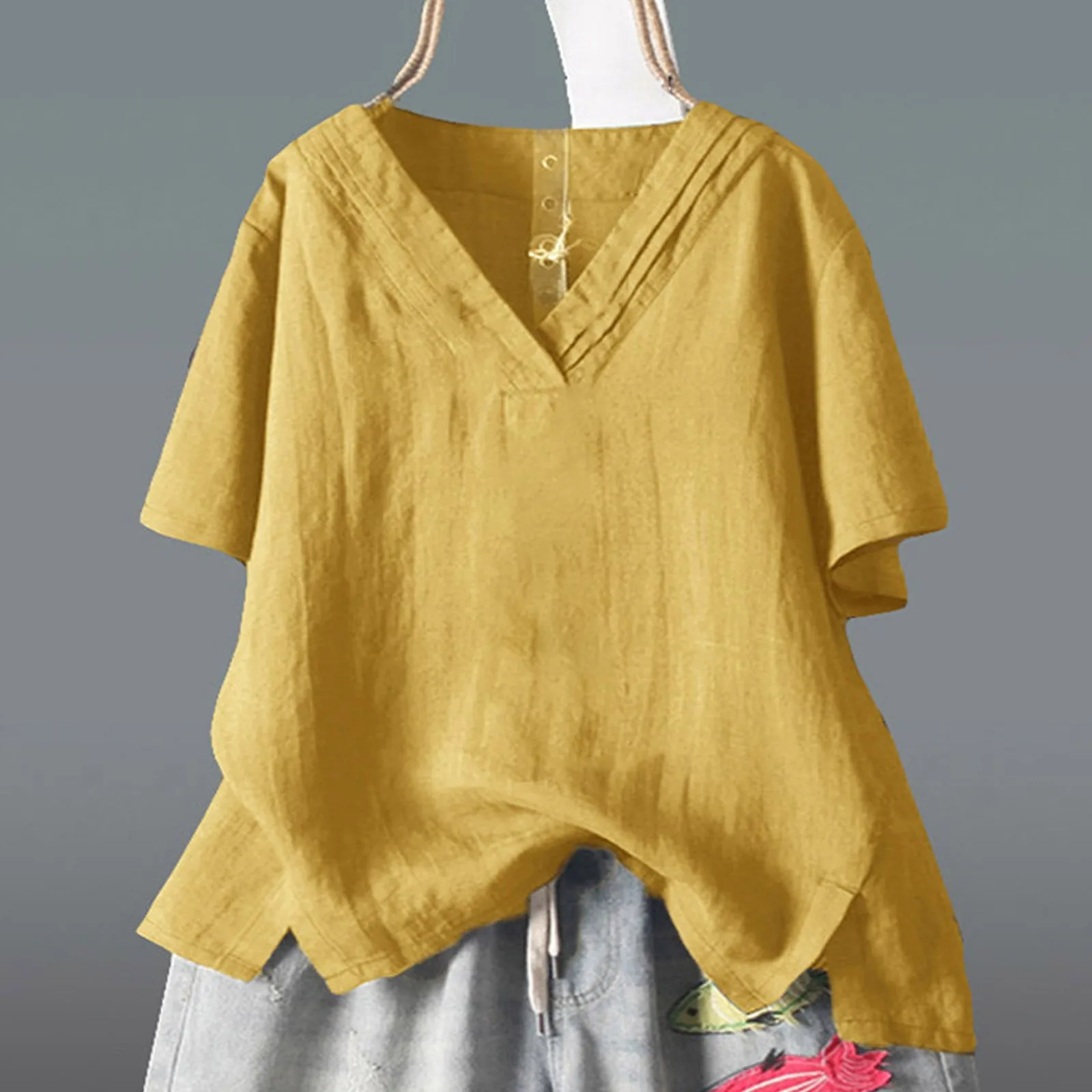 Футболка женская Повседневная однотонная белая Свободная рубашка с V-образным