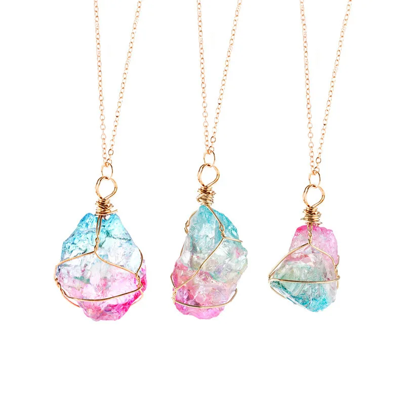 

Rainbow Colorful Stone Necklace For Women Irregular Crystal Pendant Necklaces Choker Collar Chain Vintage Jewelry Gift