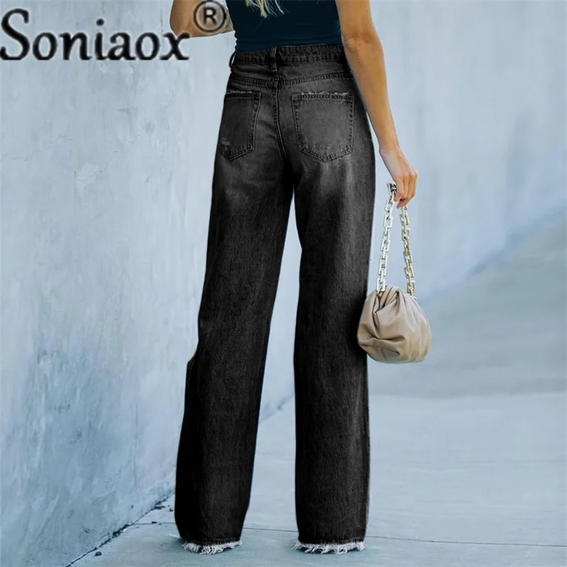 Women Ripped Wide Legs Jeans Streetwear Female High Waist Baggy Straight Leg Pants Casual Solid Hole Boyfriend Denim Trousers