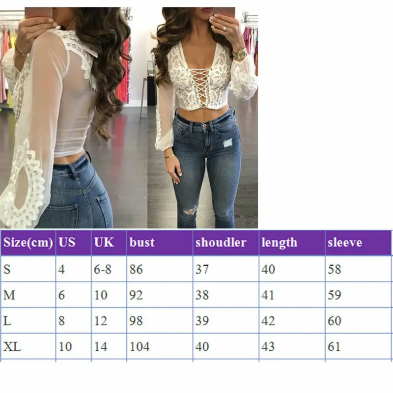 

Womens Tops and Blouses Sexy Deep V Bandage Lace Mesh Sheer See-through Long Sleeve Crop Top T Shirt Lace Up Blouse Fashion 2020