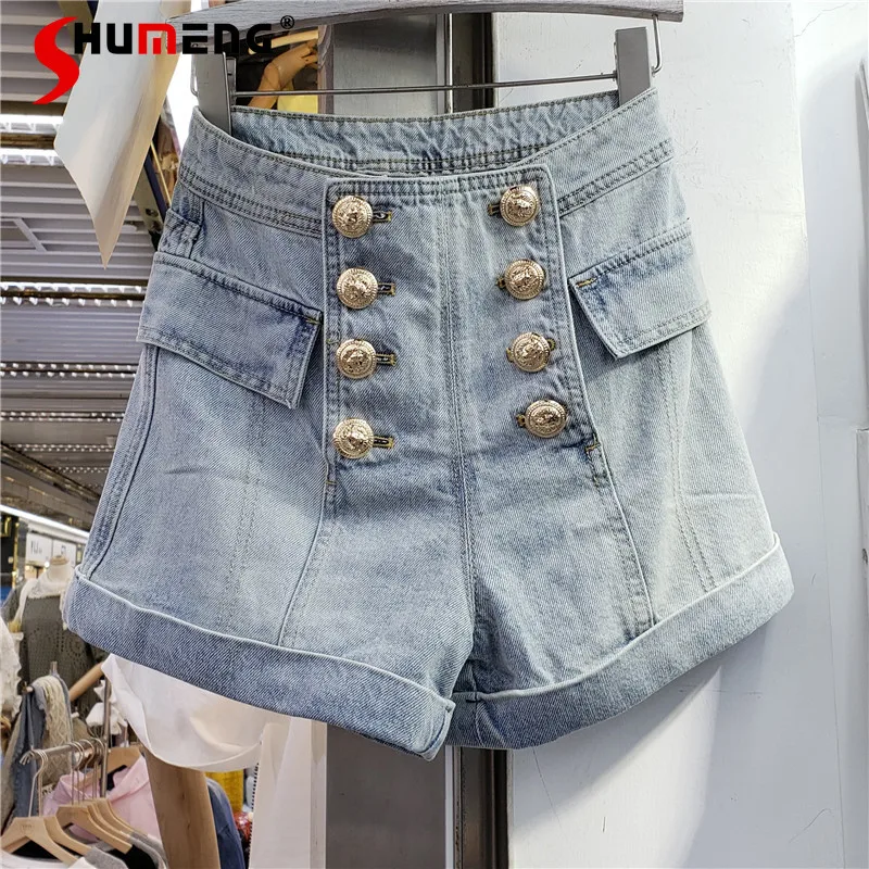 

Женские джинсовые шорты на пуговицах, рваные однотонные облегающие шорты с высокой талией в европейском стиле, лето 2021