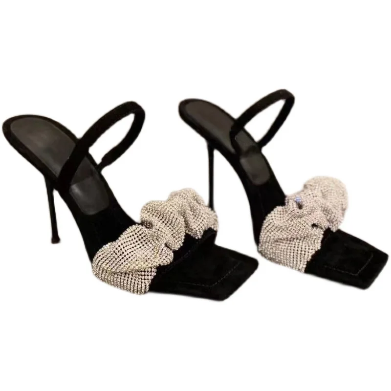 

Flock Square Toe Female Shoes Glitter Slides Slippers Heels Fashion Med Shallow 2021 Jelly High Thin Luxury Crystal Bonded Leath