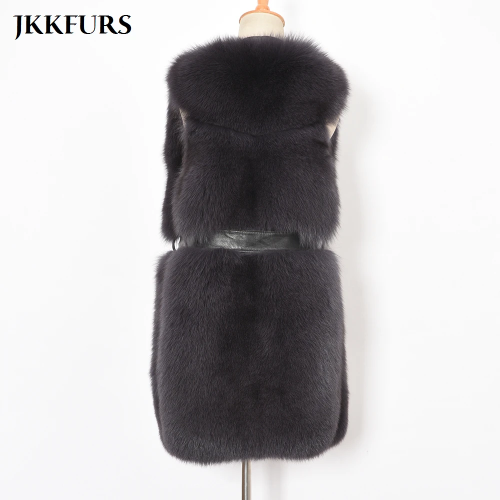 

2020 New Women's Long Gilet Fashion Fox Fur Vest Real Fur Waistcoat with Belt Winter Autumn Thick Warm Natural Fur S7896