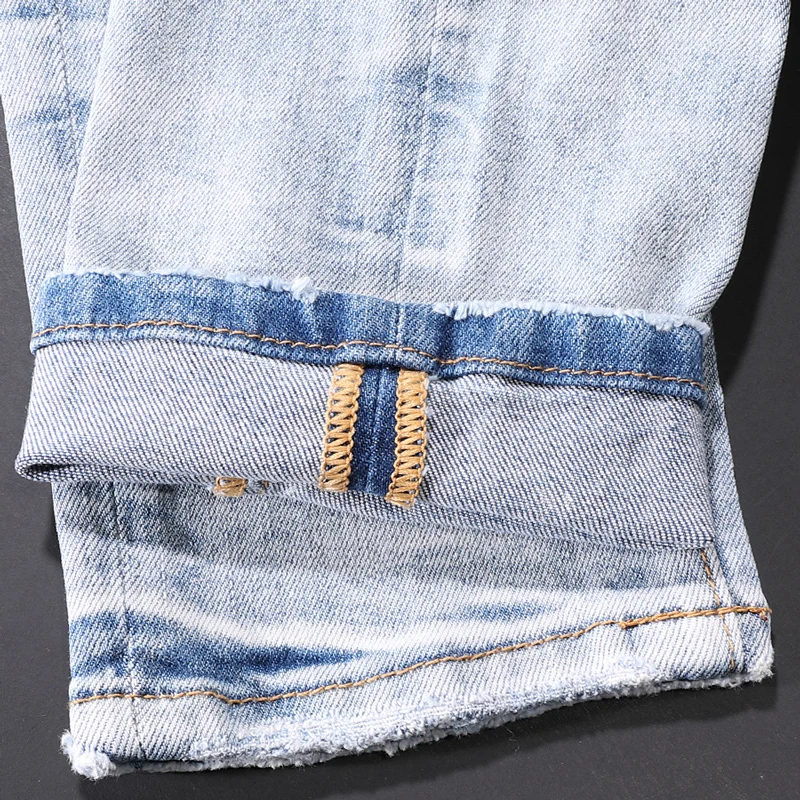 American Street Fashion Men Jeans Retro Light Blue Elastic Slim Fit Ripped Jeans Men Patches Designer Hip Hop Denim Punk Pants