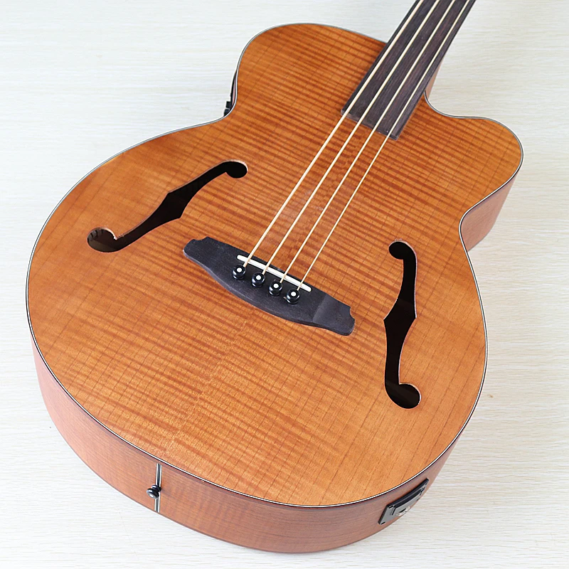43 дюймов Jumbo бас акустическая гитара F отверстие полный пламя дуб fretless 4 строки Бас