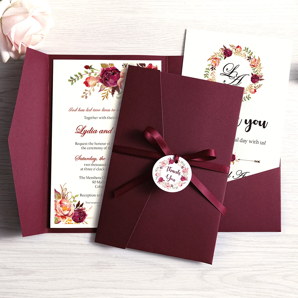 

100pcs Wedding Invitations Burgundy Pink Blue Pocket Greeting Cards with Envelope Customized Party with Ribbon and Tag