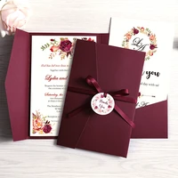 100pcs wedding invitations burgundy pink blue pocket greeting cards with envelope customized party with ribbon and tag