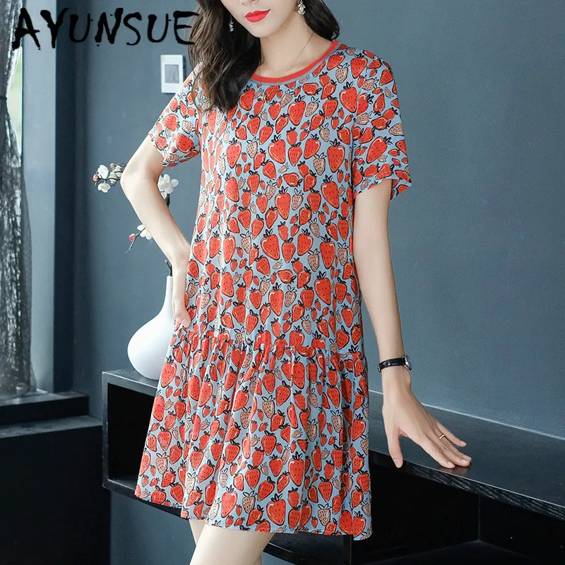 Женское летнее платье из натурального шелка корейское пляжное миди с принтом