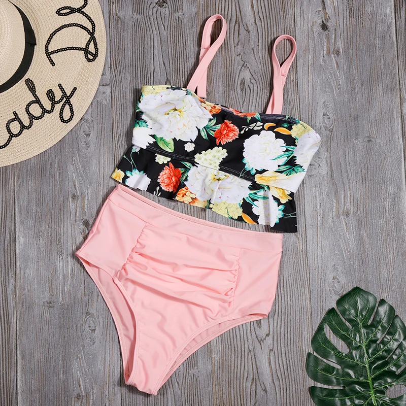 Бикини с рюшами Женский комплект бикини принтом сексуальный купальник высокой