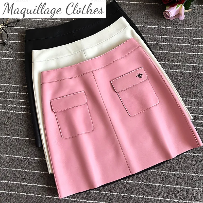 

2021 New arrival Women's High-rise leather Skirts High quality sheepskin Real leather A-line skirt C056