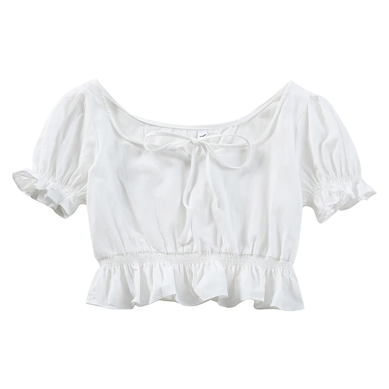 

White Shirt Women's 2021 Amoi Puff Sleeve Short Top Drawstring Square Collar Collarbone T-shirt Design Sense Waist Trimming