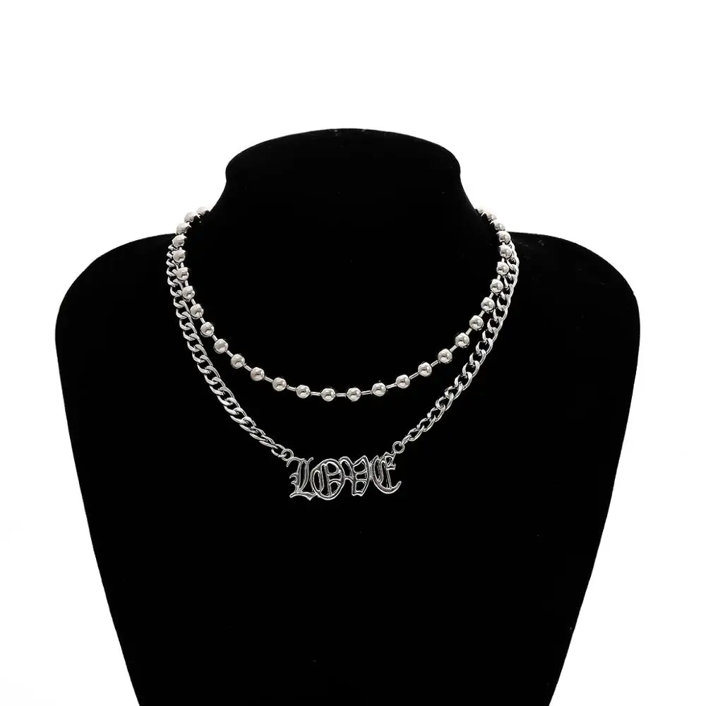 

Goth Love Letter Bead Chain Pendant Choker Necklace Collares Punk Multi Layer Silver Color Necklaces for Women Aesthetic Jewelry