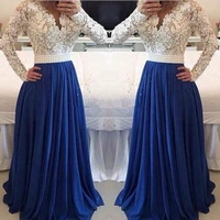 white lace blue chiffon evening prom gown 2018 long sleeve vestido de festa sexy formal pearls mother of the bride dresses