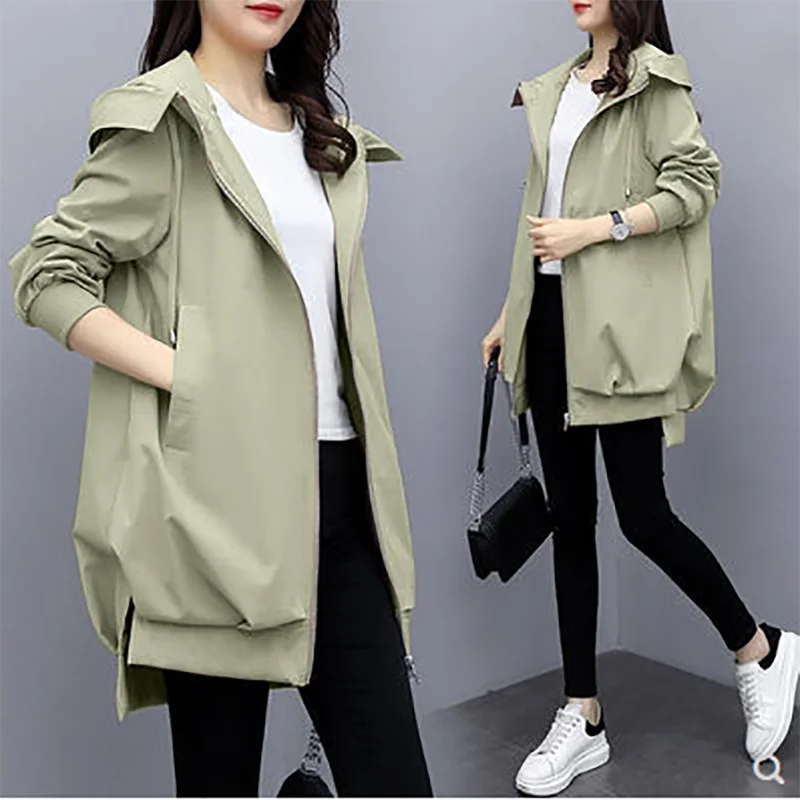 

2021 spring and autumn loose casual hooded windbreaker women's mid-length solid color temperament jacket