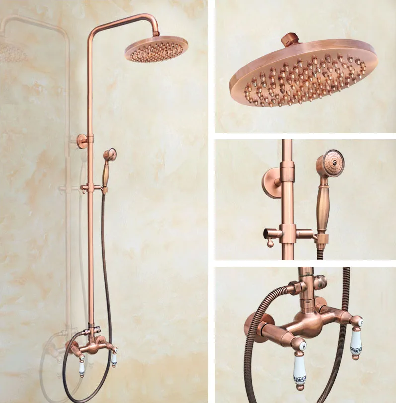 

Antique Red Copper Wall Mounted 8 Inch Rain Bathroom Rainfall Shower Faucet Set Double Handle Hand Spray Head Mixer Tap 2rg553