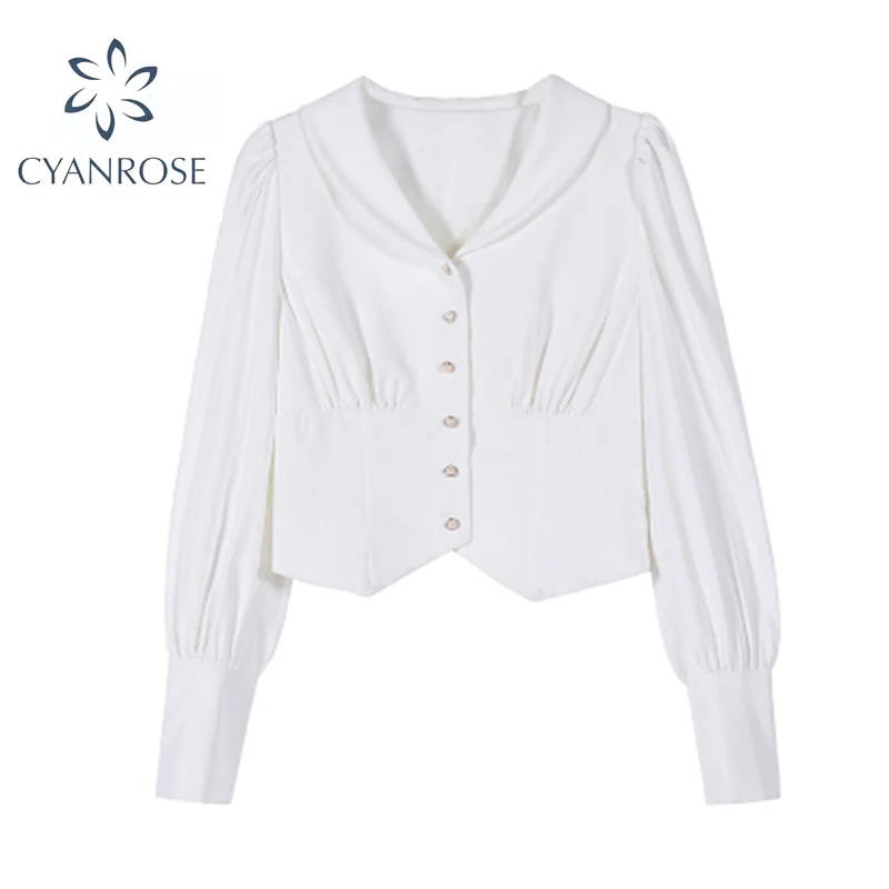 

White Shirt Women's Blouse 2021 Autumn New Light Ripe Simple Temperament High Waist Top Elegant Casual Chic Short Exposed Navel