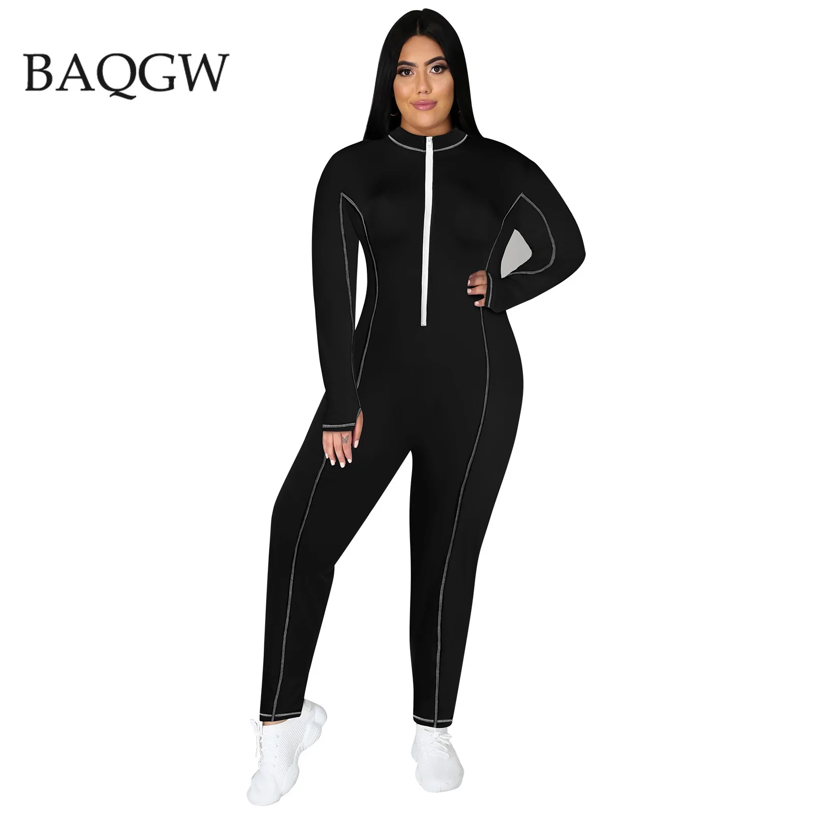 

Autum Long Sleeve Striped Zip Up Skinny Bodycon Jumpsuit Casual Women Fashion Sexy Streetwear Workout Romper Plus Size XL-6XL
