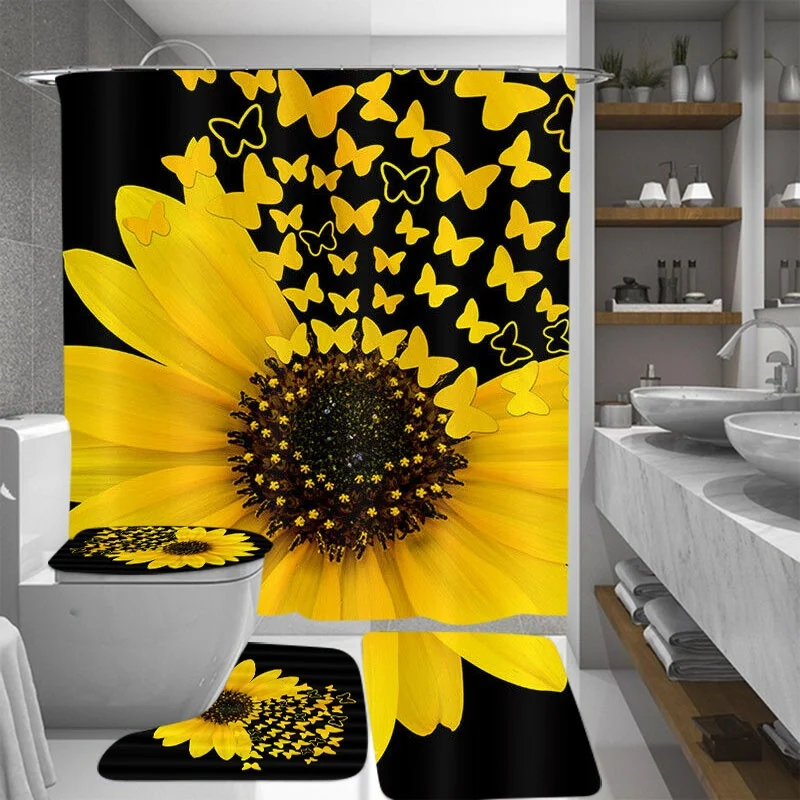 

1/3/4Pcs Black background Sunflower Shower Curtain Sets Non-Slip Rugs Toilet Lid Cover and Bath Mat Waterproof Bathroom Curtains