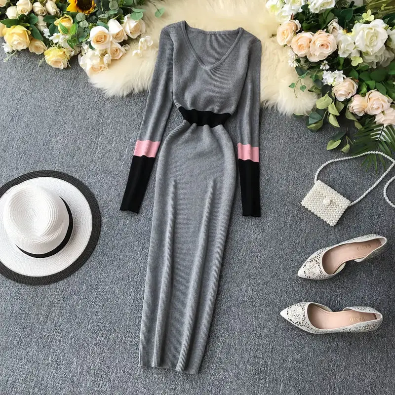 LUOSHA Для женщин 2019 осень зима длинный рукав из кусков вязаное платье тонкой