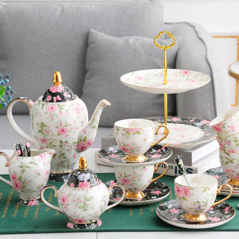 

Пасторальный цветочный чайный набор из костяного фарфора, фарфоровый кофейный набор, керамический горшок, молочный кувшин, сахарница, чашк...