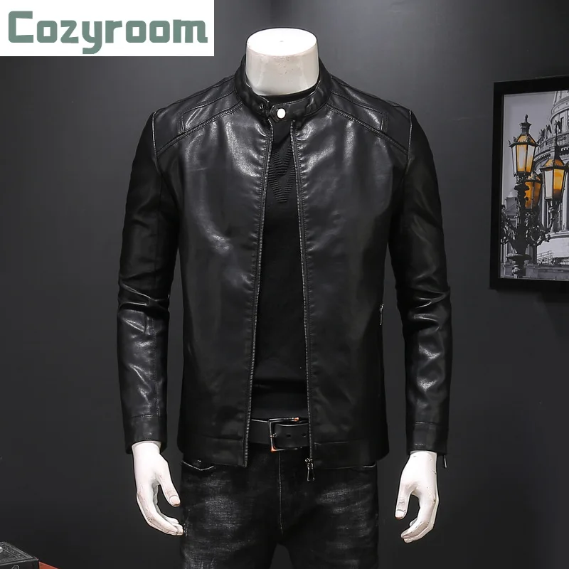 

Hot 2021 New Fashion Autumn Male Leather Jacket Plus Size Black Mens Stand Collar Coats High Quality Men Leather Biker Jackets