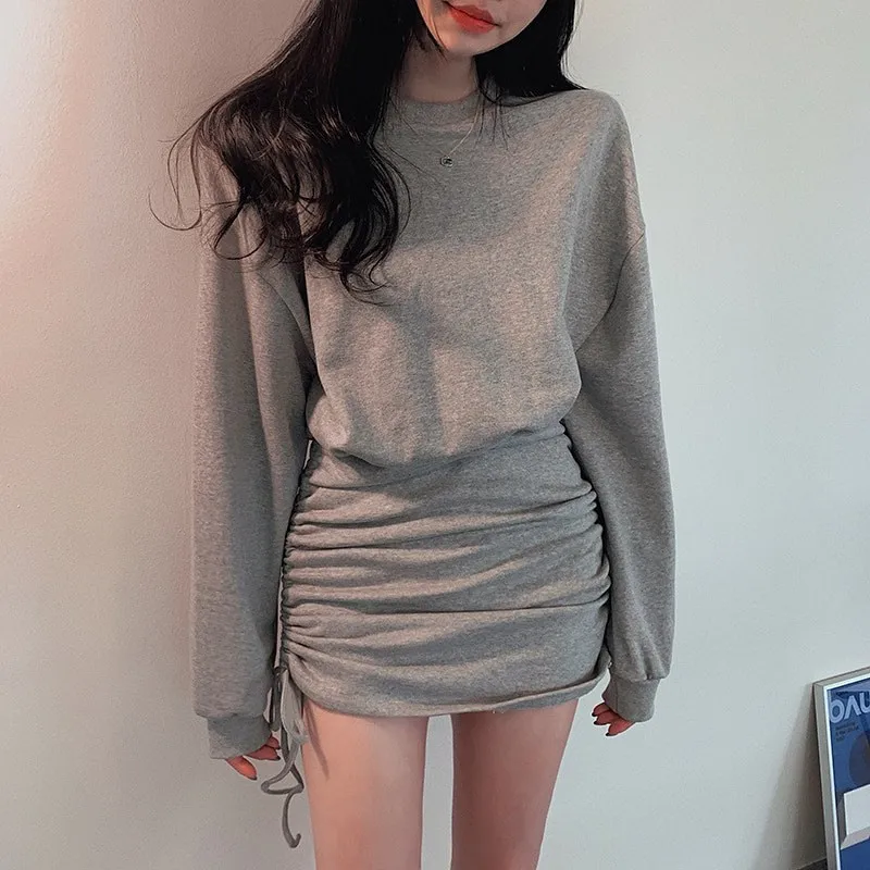 Хлопковые женские серые платья с кулиской однотонные повседневные Осенние