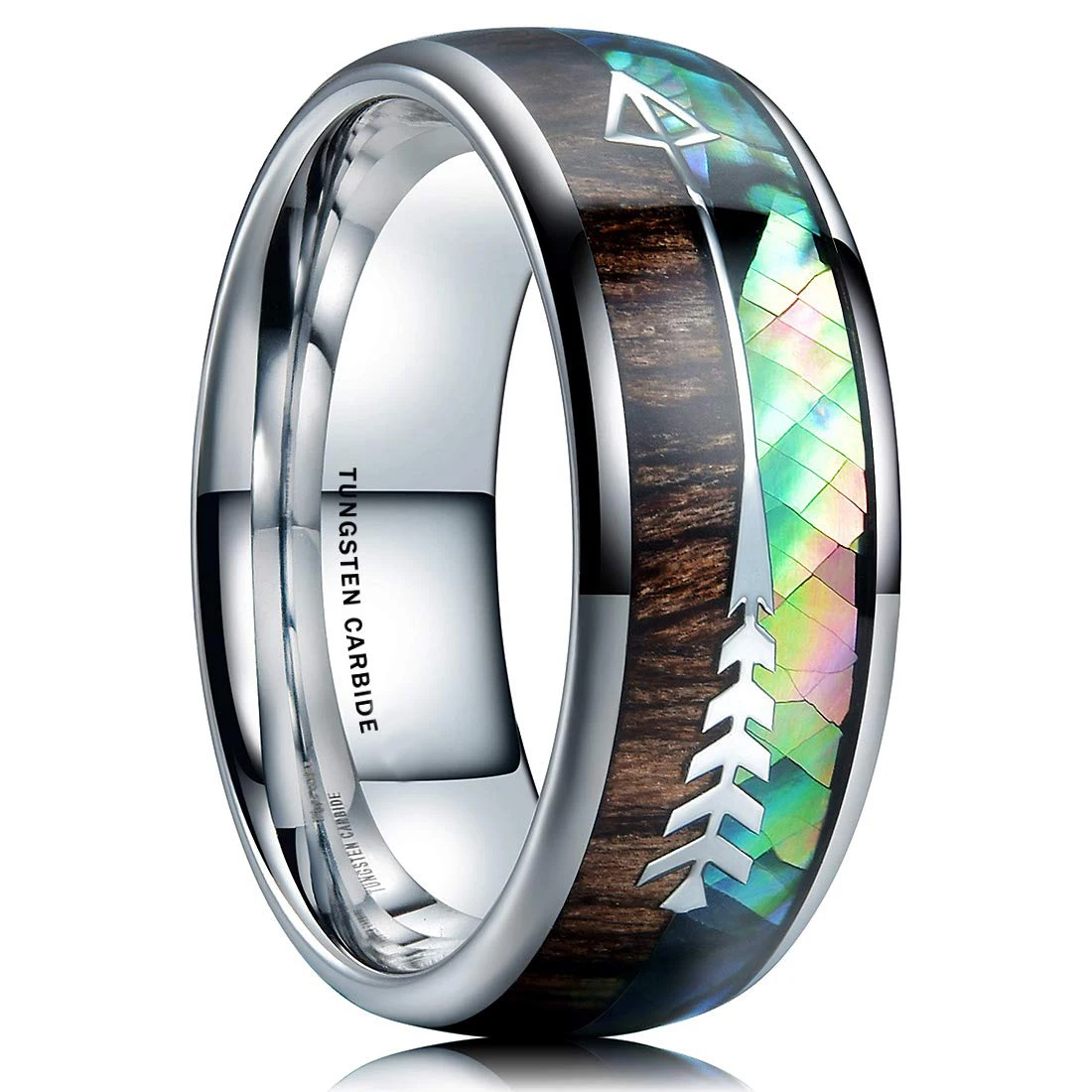 

Fashion 8mm Men Stainless Steel Ring Natural Rainbow Abalone Shell & Koa Wood Inlay Deer Antler Arrow Ring Men Wedding Band