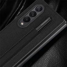 PC+Leather Case For Samsung Galaxy Z Fold 3 Ultra Shockproof All-inclusive Silver Cross Pattern Black Phone Accessories