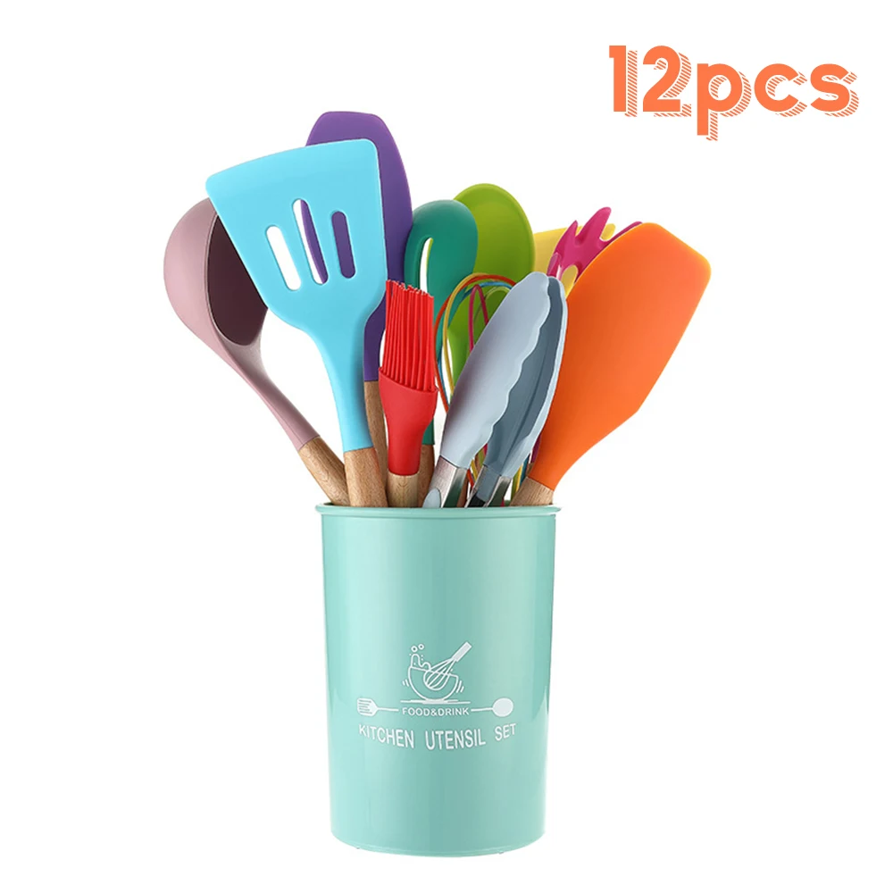 

12 Pcs Wooden Handle Silicone Kitchenware Set Kitchen Utensils Cooking Utensils Non-stick Spatula Storage Box Kitchen Tools