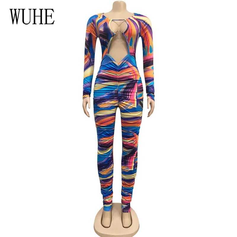 

WUHE Tight Colorful Print Jumpsuits Breast Wrap Off Shoulder Sexy Sleeveless Lace Up Backless Nightclub Party Streetwear Overall