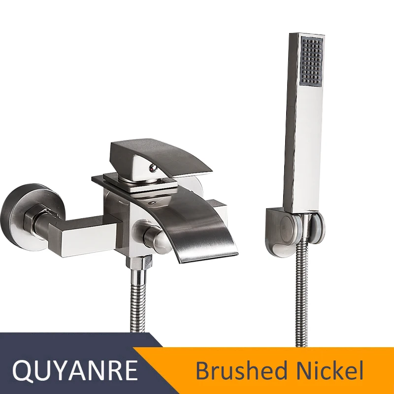Brushed Nickel Quyanre хром водопад кран для ванной настенное крепление; водопад смеситель горячей и холодной воды кран для ванной душевой кран Robinet Baignoire - Цвет: Brushed Nickel