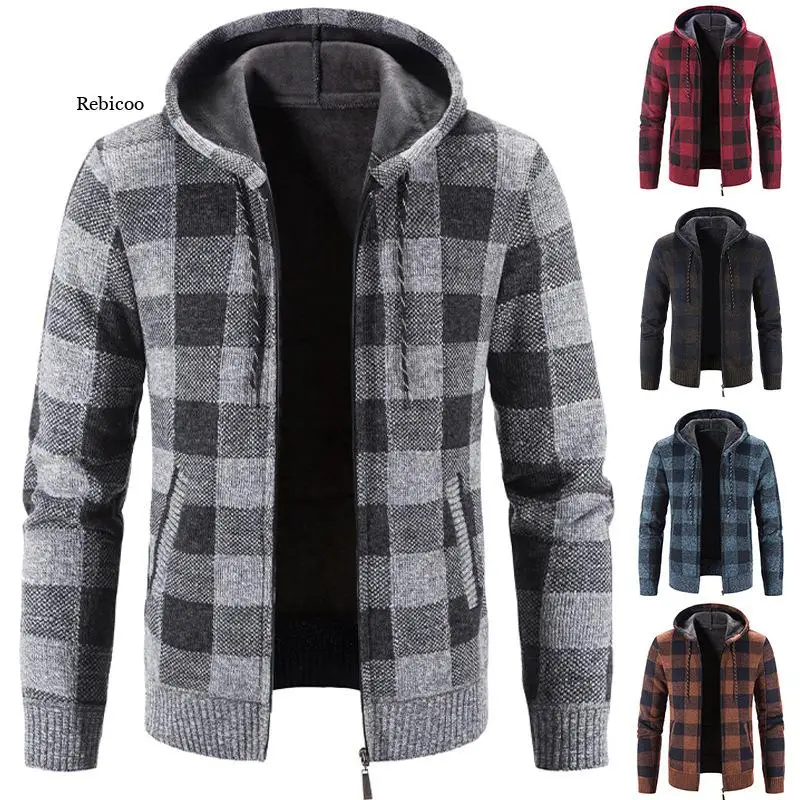 

Men's Hooded Sweater Coat Plaid Printed Long Sleeve Sweater Autumn Winter Plush Large Casual Cardigan Coat 2022 New
