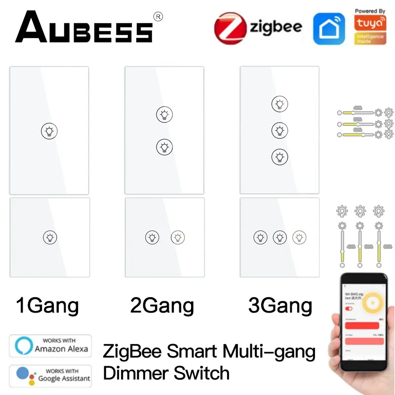 

Aubess Smart ZigBee Multi-gang Light Dimmer Switch Independent Control Tuya APP Control Works With Alexa Google Home 1/2/3 Gang