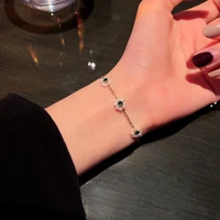 allnewme korean fashion green color shiny cz stone flower charm bracelets for women girls white pearls titanium steel bracelet