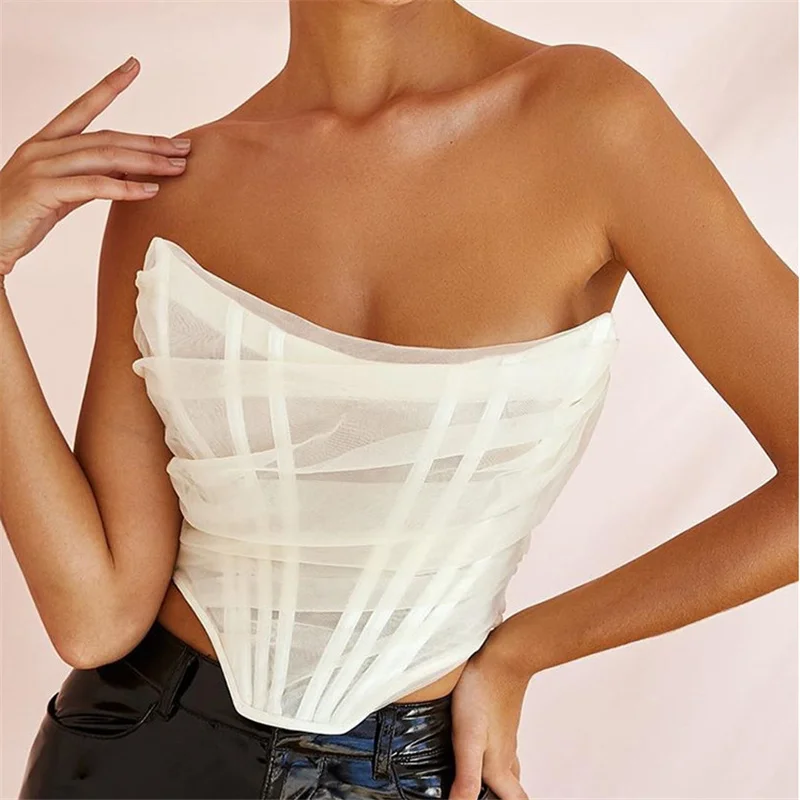 

Women's Sexy Mesh Corset Tops Fashion Off Shoulder Sleeveless Asymmetric Tube Tops White/Pink/Purple/White/Red