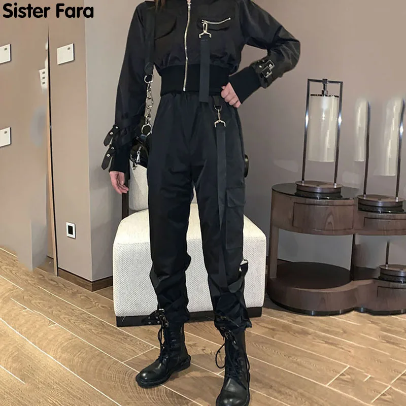 

Sister Fara New Women Winter Black Jacket Female Spring And Autumn 2 Piece Coat + Chain Joggers +Fleece 2 Piece Cargo Pants 2021