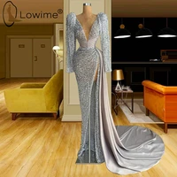sparkly silver sequins mermaid evening dresses 2021 sexy deep v neck high slit long sleeves formal prom party gowns for weddings